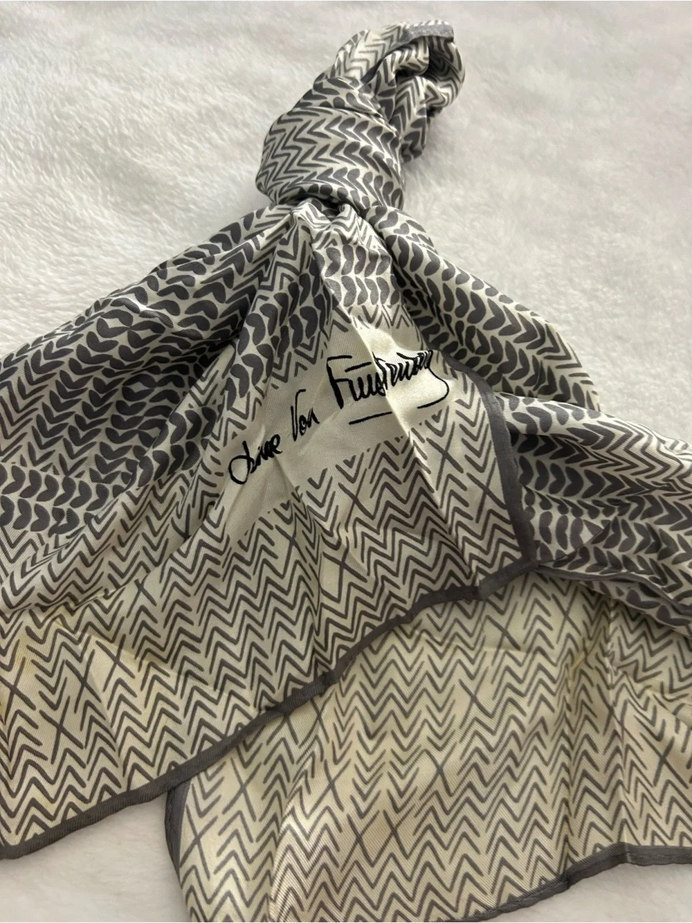 Diane Von Furstenberg Cream and Gray Patterned Silk Scarf